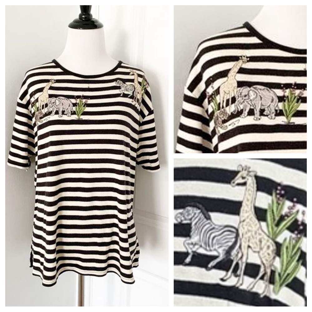 VINTAGE Karen Scott Black and Cream Stripe Zoo Animal Short Sleeve Shirt Size XL